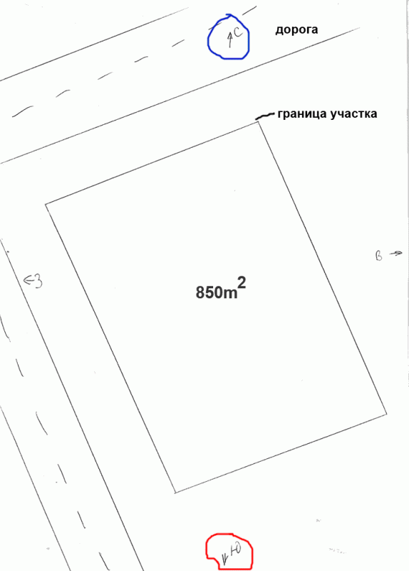 План участка размерами 25х35 метров (850 м2) с указанием сторон света